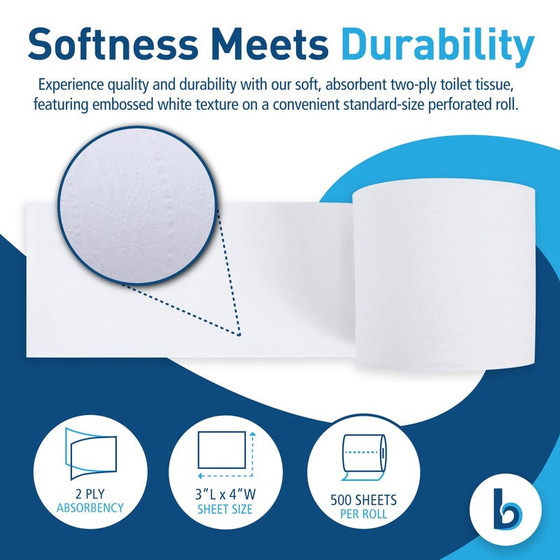boardwalk 2-Ply Bathroom Toilet Paper Tissue, Septic Safe, 500 Sheets/Roll, Bulk Quantity 96 Rolls/Carton, 4" x 3", White - Image 3