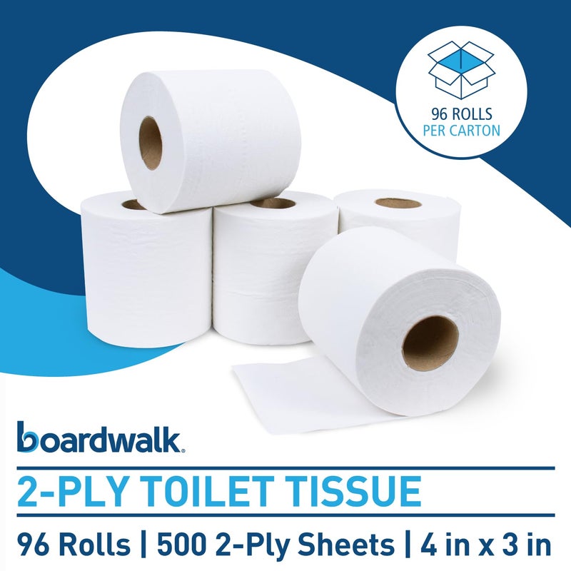 boardwalk 2-Ply Bathroom Toilet Paper Tissue, Septic Safe, 500 Sheets/Roll, Bulk Quantity 96 Rolls/Carton, 4" x 3", White - Image 2