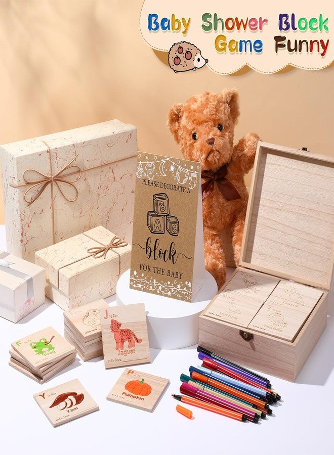 Marsui 78 Pcs Baby Shower Fun Decorate a Block Game Set 52 DIY ABC Letter Blocks 24 Watercolor Pen 1 Game Sign 1 Wooden Box with Hinged Lid for Gender Reveal Baby Shower Party Supplies(Kraft) - Image 5