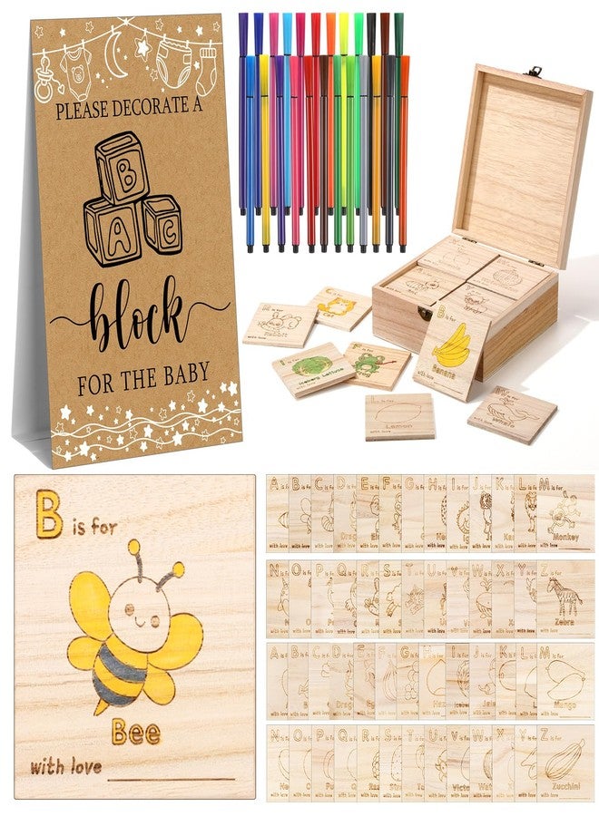 Marsui 78 Pcs Baby Shower Fun Decorate a Block Game Set 52 DIY ABC Letter Blocks 24 Watercolor Pen 1 Game Sign 1 Wooden Box with Hinged Lid for Gender Reveal Baby Shower Party Supplies(Kraft) - Image 1