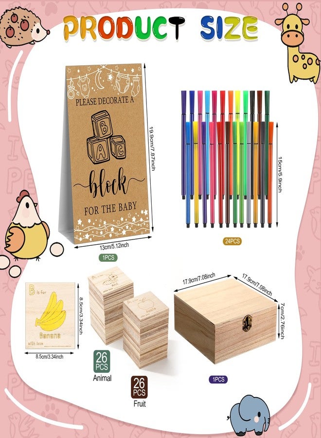 Marsui 78 Pcs Baby Shower Fun Decorate a Block Game Set 52 DIY ABC Letter Blocks 24 Watercolor Pen 1 Game Sign 1 Wooden Box with Hinged Lid for Gender Reveal Baby Shower Party Supplies(Kraft) - Image 3