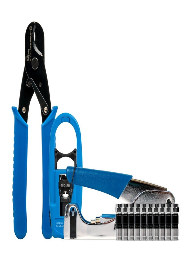 جونارد تولز مجموعة تركيب كابل محوري TK-RG64 من Jonard Tools مع أداة ضغط محورية (RG6، RG59، RG11)، وقاطع كابل، ومجرد أسلاك، تتضمن (عبوة من 10) موصلات RG6 F - Image 1