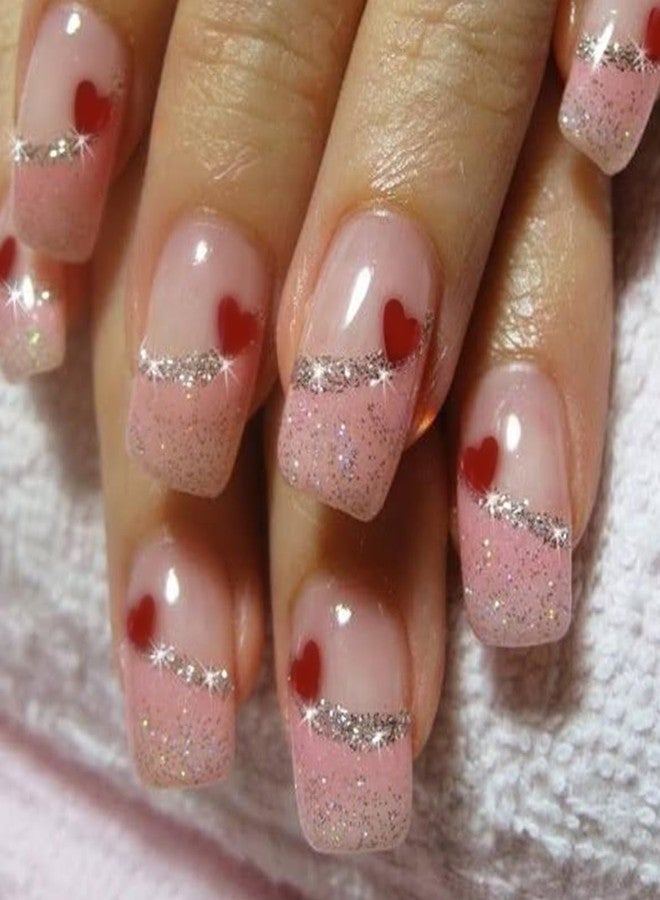 KZBTRBT 24Pcs Valentine's Day Glitter Press on Nails Short Square French Tip Fake Nails with Red Heart Design Glossy Pink Sparkly Cute Stick on Nails Artificial Nails Valentine's for DIY Manicure Decorations - Image 1