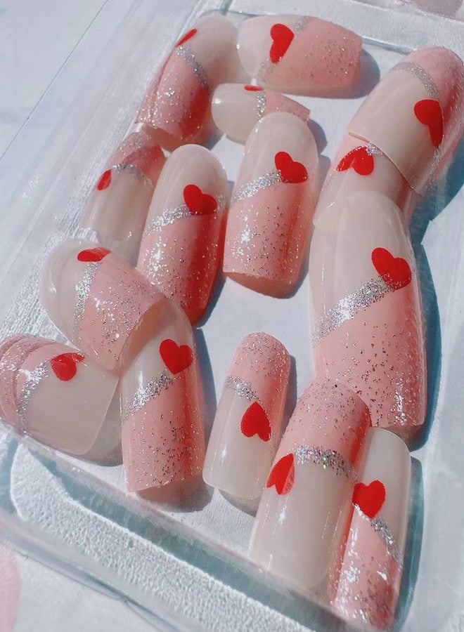 KZBTRBT 24Pcs Valentine's Day Glitter Press on Nails Short Square French Tip Fake Nails with Red Heart Design Glossy Pink Sparkly Cute Stick on Nails Artificial Nails Valentine's for DIY Manicure Decorations - Image 2