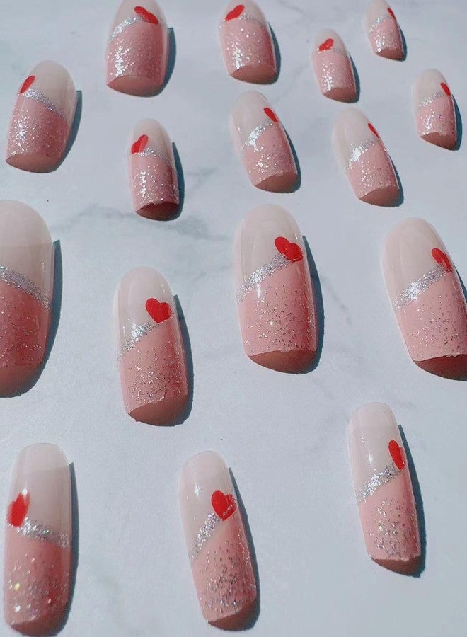 KZBTRBT 24Pcs Valentine's Day Glitter Press on Nails Short Square French Tip Fake Nails with Red Heart Design Glossy Pink Sparkly Cute Stick on Nails Artificial Nails Valentine's for DIY Manicure Decorations - Image 4