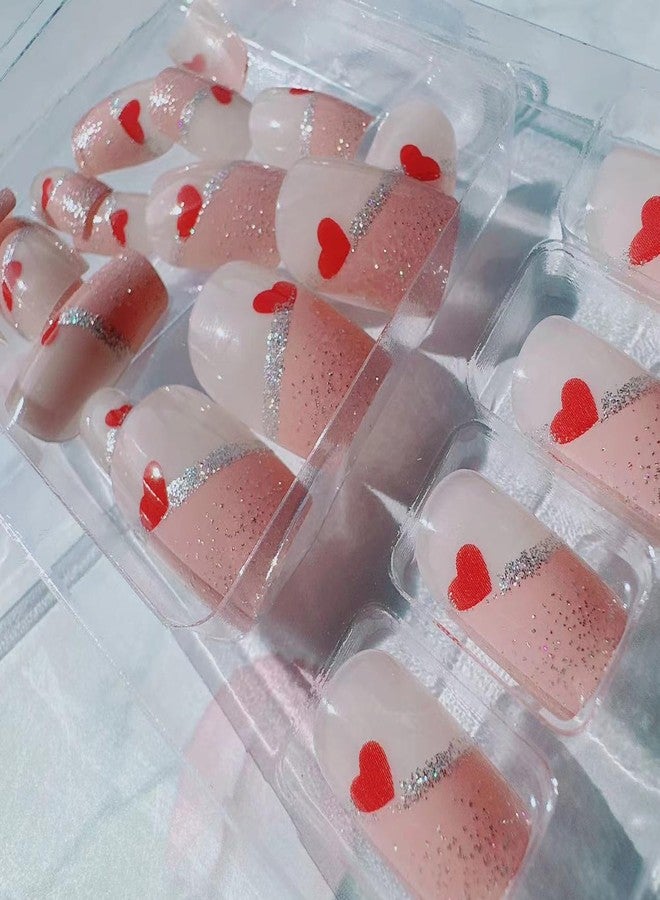 KZBTRBT 24Pcs Valentine's Day Glitter Press on Nails Short Square French Tip Fake Nails with Red Heart Design Glossy Pink Sparkly Cute Stick on Nails Artificial Nails Valentine's for DIY Manicure Decorations - Image 3
