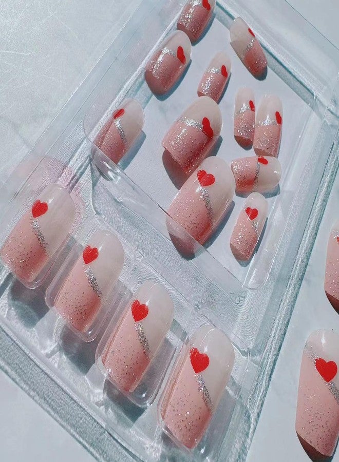 KZBTRBT 24Pcs Valentine's Day Glitter Press on Nails Short Square French Tip Fake Nails with Red Heart Design Glossy Pink Sparkly Cute Stick on Nails Artificial Nails Valentine's for DIY Manicure Decorations - Image 5