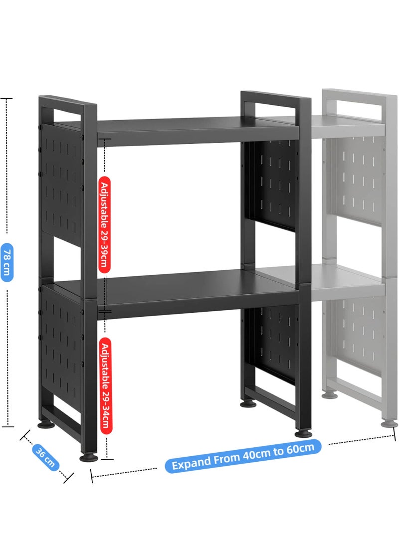 SALADAYS Expandable Microwave Stand, 3 Tier Microwave oven Rack with 8 Hooks, Height Adjustable Oven Stand for Kitchen, Width 40–60 cm Freely Adjustable, Kitchen Shelf Organiser Black - Image 2