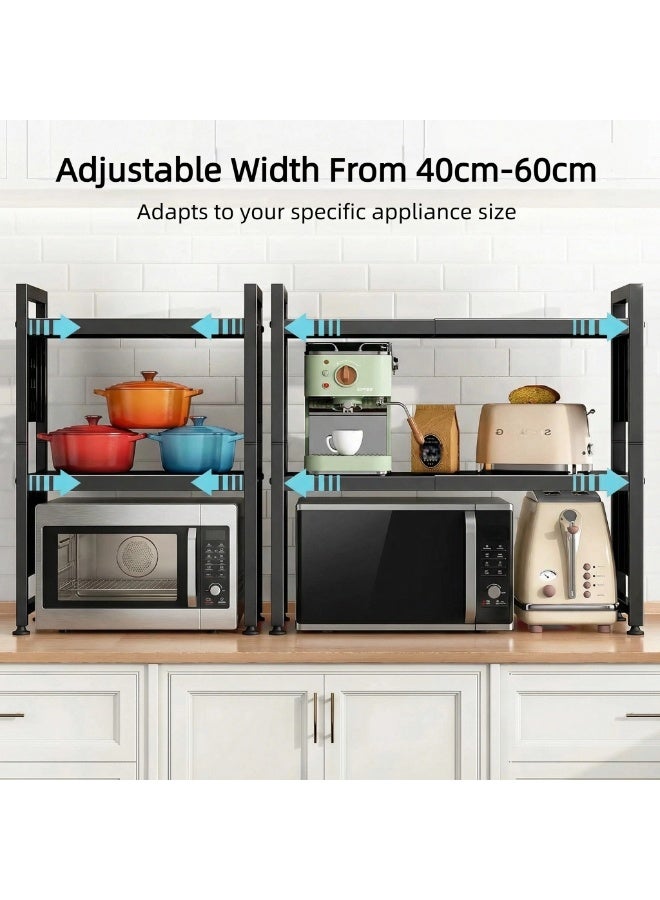 SALADAYS Expandable Microwave Stand, 3 Tier Microwave oven Rack with 8 Hooks, Height Adjustable Oven Stand for Kitchen, Width 40–60 cm Freely Adjustable, Kitchen Shelf Organiser Black - Image 3