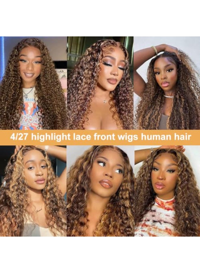 Ladoux Ombre Lace Front Wig Human Hair 13x4 HD Transparent Deep Wave for Women 180 Density 427 Honey Blonde Colored Highlight Curly Glueless Wigs 20Inch Pre Plucked with Baby Hair - Image 3