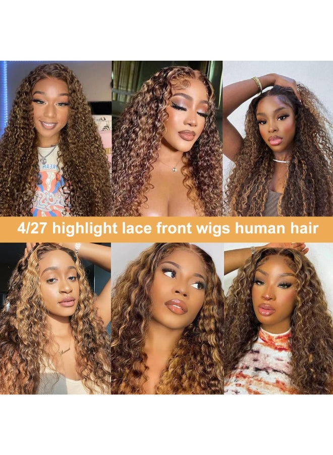 Ladoux Ombre Lace Front Wig Human Hair 13x4 HD Transparent Deep Wave for Women 180 Density 427 Honey Blonde Colored Highlight Curly Glueless Wigs 20Inch Pre Plucked with Baby Hair - Image 4