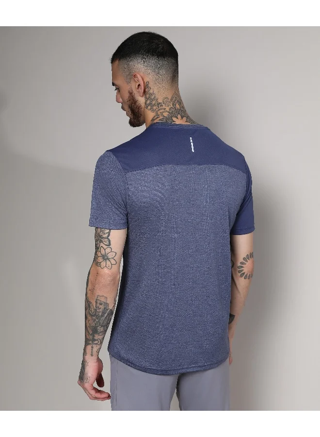 Campus Sutra Men's Prussian Blue Contrast Heathered Activewear T-Shirt