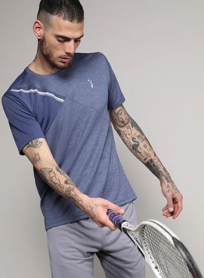 Campus Sutra Men's Prussian Blue Contrast Heathered Activewear T-Shirt