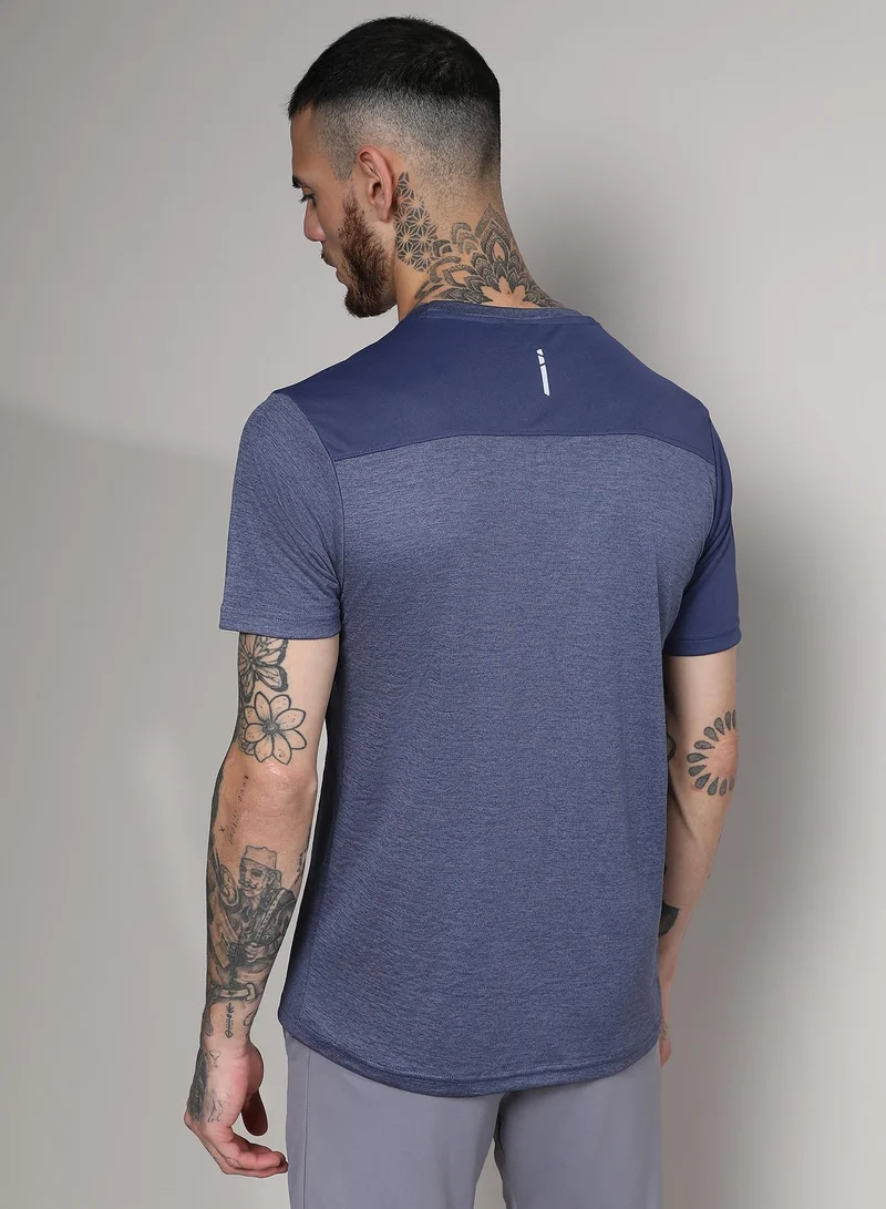 Campus Sutra Men's Prussian Blue Contrast Heathered Activewear T-Shirt