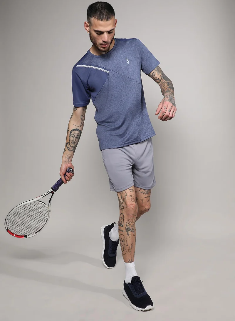 Campus Sutra Men's Prussian Blue Contrast Heathered Activewear T-Shirt
