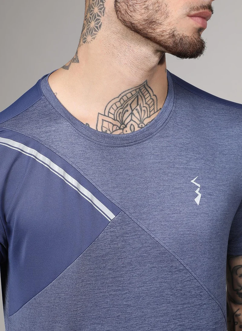 Campus Sutra Men's Prussian Blue Contrast Heathered Activewear T-Shirt