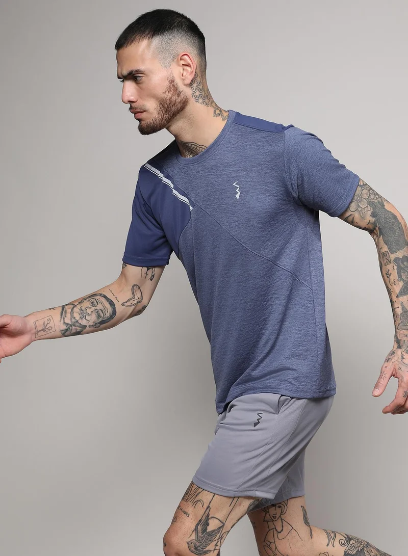 Campus Sutra Men's Prussian Blue Contrast Heathered Activewear T-Shirt