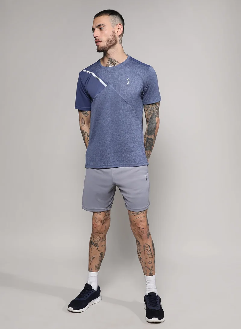 Campus Sutra Men's Prussian Blue Contrast Heathered Activewear T-Shirt
