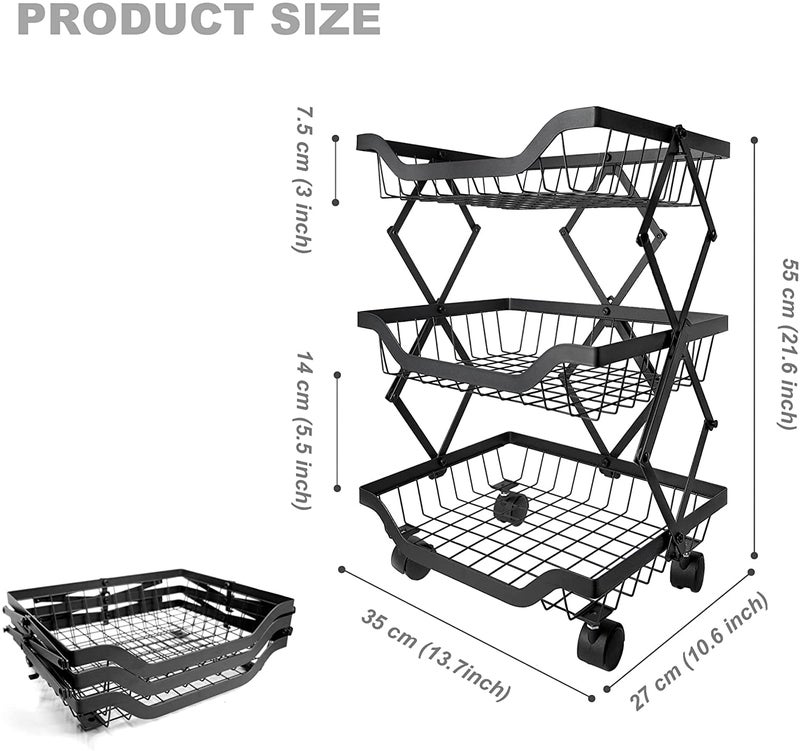Mokshith Fruit Basket for Kitchen Collapsible Metal Wire Storage Pantry Baskets with Wheels Fruit Vegetable Produce Basket Storage Cart Rolling Utility Cart for Pantry Garage 3 TIER - Image 2