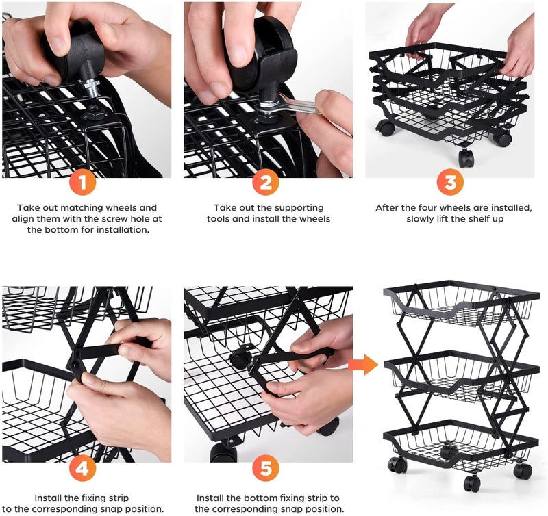 Mokshith Fruit Basket for Kitchen Collapsible Metal Wire Storage Pantry Baskets with Wheels Fruit Vegetable Produce Basket Storage Cart Rolling Utility Cart for Pantry Garage 3 TIER - Image 4