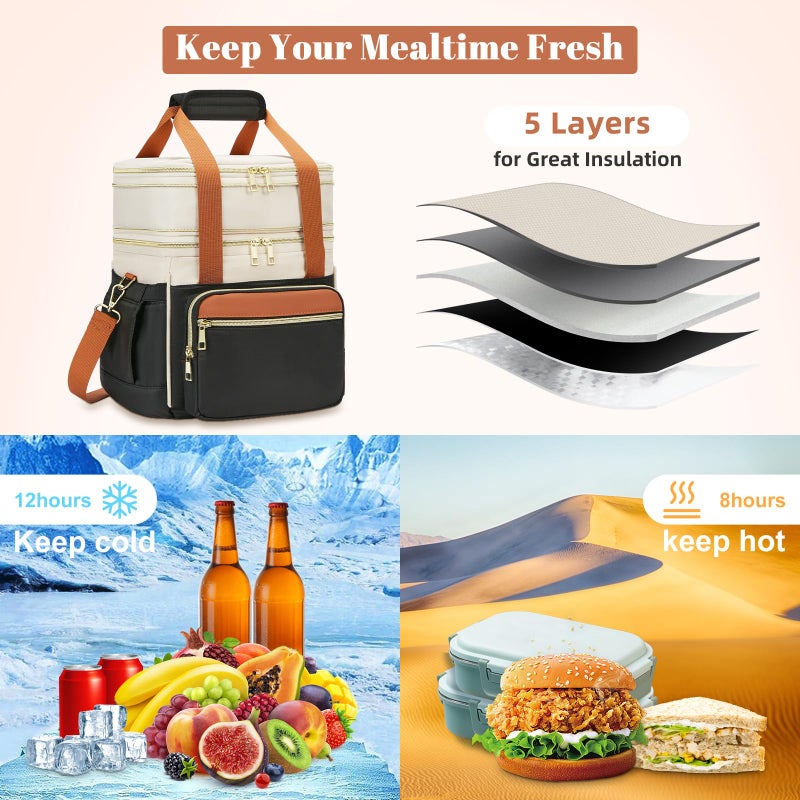 Holuxer Insulated Lunch Bag & Lunch Box For Women - Double Deck Reusable Lunch Bag For Men Tote Cooler Bag Leakproof Soft Expandable - Large Lunchbox For Work/Adult/Picnic/Outdoor (Coffee Black - Image 5