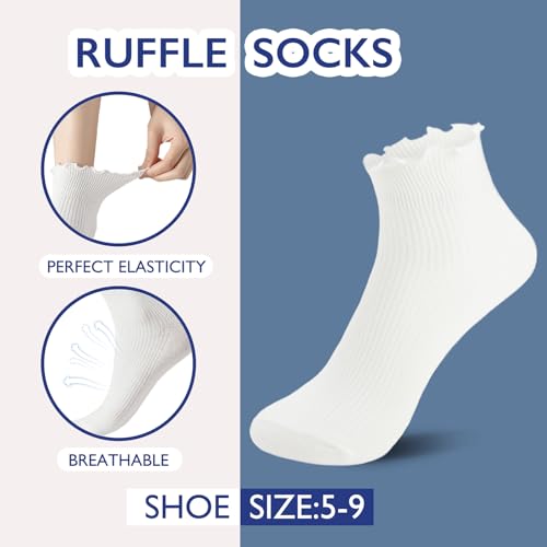 Hstyle Ruffle Socks Women, Ruffle Turn-Cuff Casual Cute Girl Ruffle Socks Breathable Cool Ruffle Ankle Socks 6 Pairs of Black - Image 2