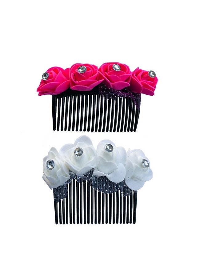 Arooman™ Bridal Fancy Hair Accessories Floral Clip Side Comb Juda Pin for Women and Girls Pack-02,Color-Pink & White