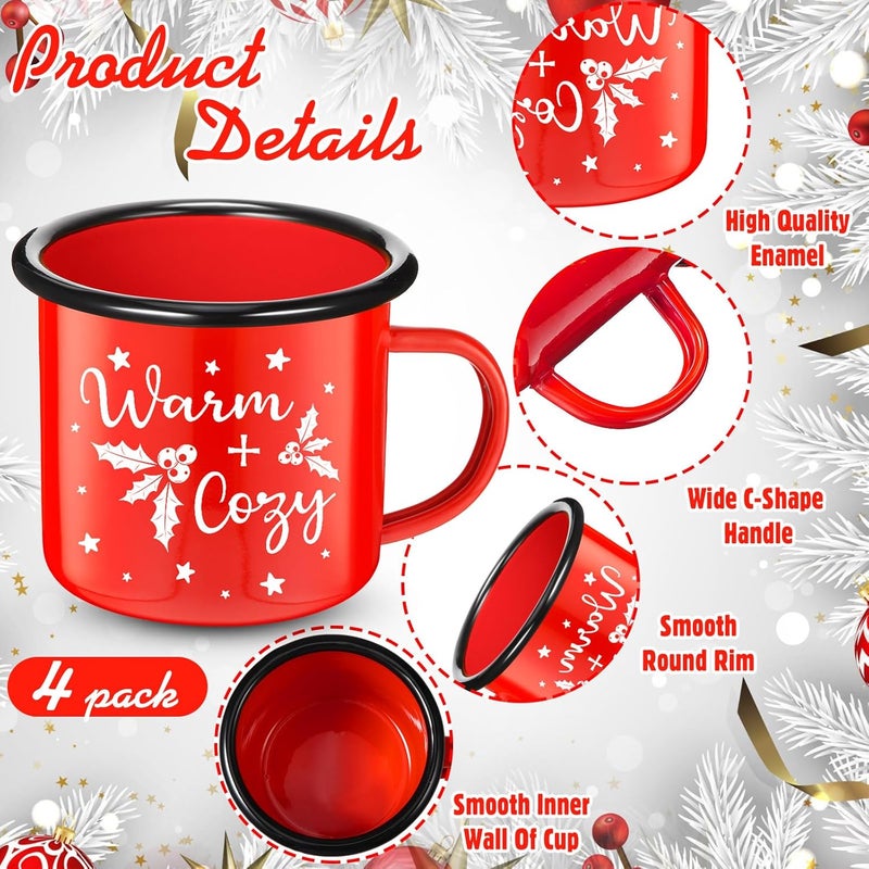 Yaomiao 4 Pack Christmas Gifts Enamel Mugs Warm and Cozy Enamel Tea Cups Merry and Bright Coffee Mugs Seasonal Holiday Cup for Women Coworkers 12 Ounce Vintage Camping CupsBright Style - Image 2