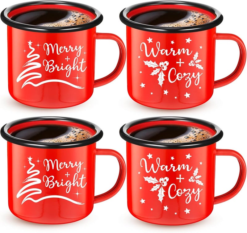 Yaomiao 4 Pack Christmas Gifts Enamel Mugs Warm and Cozy Enamel Tea Cups Merry and Bright Coffee Mugs Seasonal Holiday Cup for Women Coworkers 12 Ounce Vintage Camping CupsBright Style - Image 1