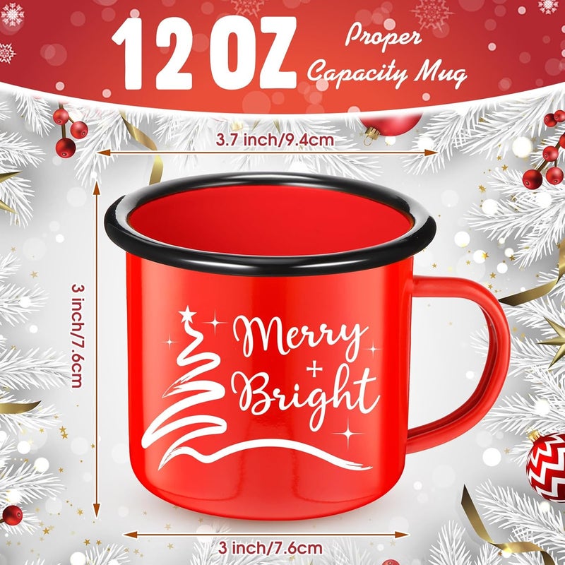 Yaomiao 4 Pack Christmas Gifts Enamel Mugs Warm and Cozy Enamel Tea Cups Merry and Bright Coffee Mugs Seasonal Holiday Cup for Women Coworkers 12 Ounce Vintage Camping CupsBright Style - Image 3