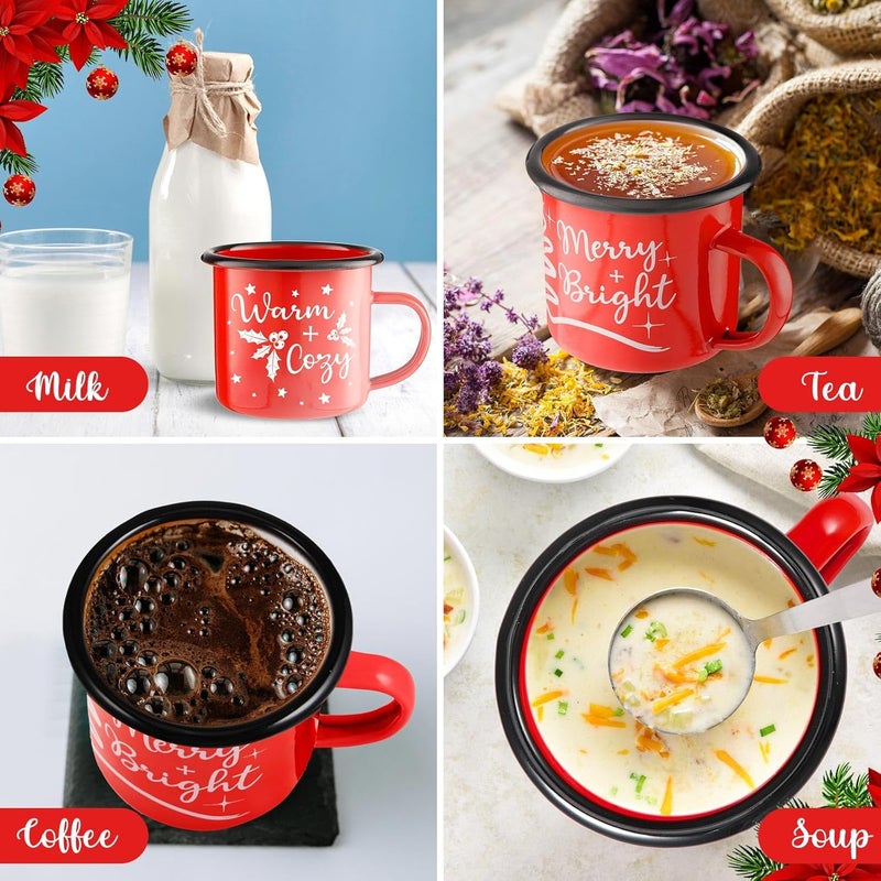 Yaomiao 4 Pack Christmas Gifts Enamel Mugs Warm and Cozy Enamel Tea Cups Merry and Bright Coffee Mugs Seasonal Holiday Cup for Women Coworkers 12 Ounce Vintage Camping CupsBright Style - Image 4