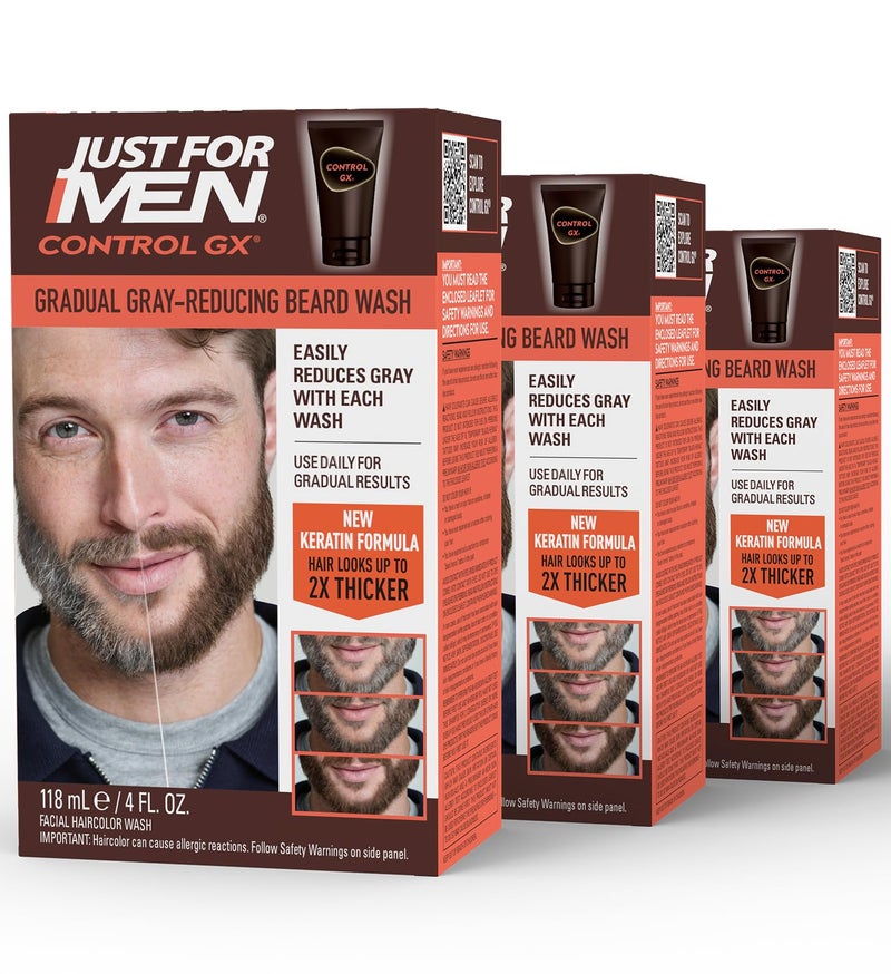 Just for Men Control GX Grey Reducing Beard Wash Shampoo with Keratin, Gradually Colors Mustache and Beard, Leaves Facial Hair Thicker Softer and Fuller, 4 Fl Oz - Pack of 3 (Packaging May Vary) - Image 1