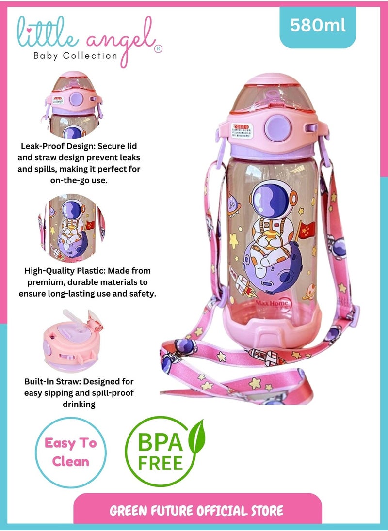 Little Angel Kids Water Bottle for School - 580ml BPA-Free with Astronaut Design, Leak-Proof Sport Bottle with Strap for Girls and Boys, Perfect for Indoor & Outdoor Use  - Image 2