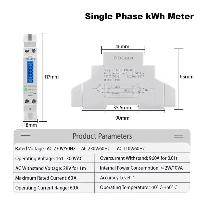 DDS661 RS485 Single Phase Wattmeter KWh Energy Meter LCD Display 60A 110V 230VAC 50Hz Din Rail - Image 5
