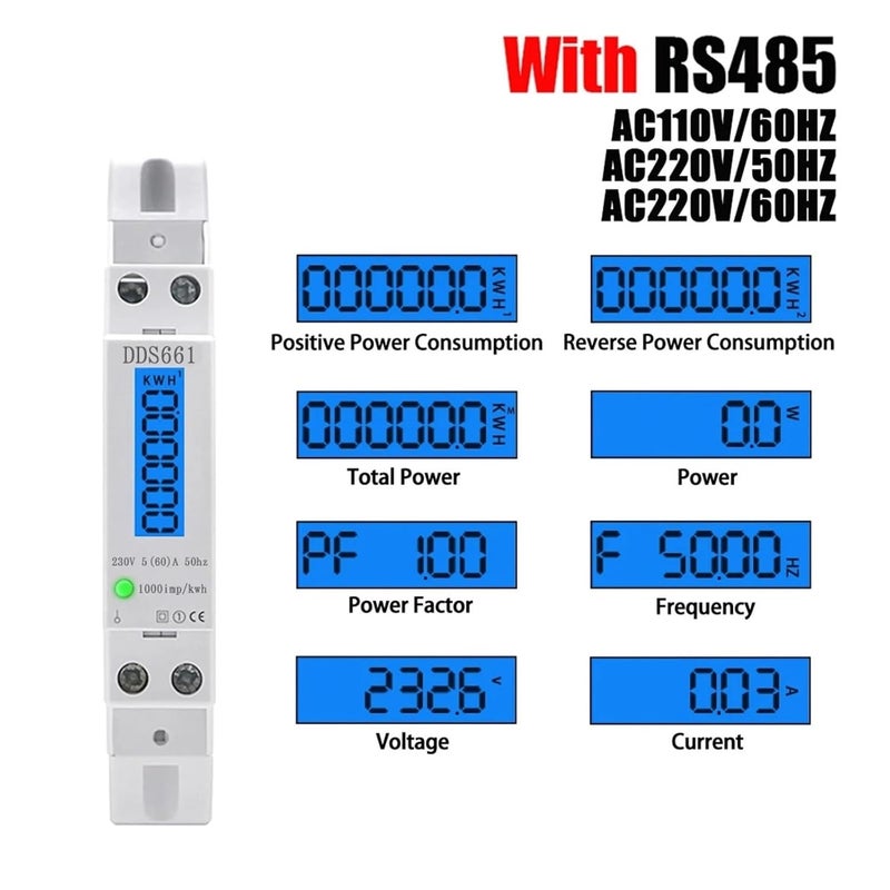 DDS661 RS485 Single Phase Wattmeter KWh Energy Meter LCD Display 60A 110V 230VAC 50Hz Din Rail - Image 4