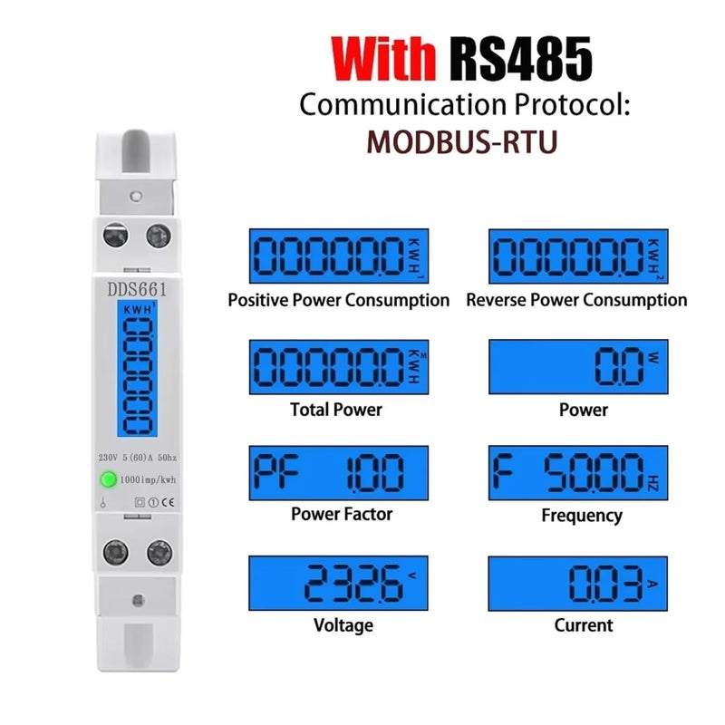 DDS661 RS485 Single Phase Wattmeter KWh Energy Meter LCD Display 60A 110V 230VAC 50Hz Din Rail - Image 3