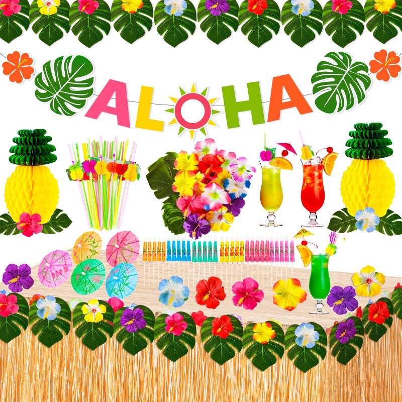 Garma Luau Party Decorations Set136 Pcs Hawaiian Tropical Summer Beach Pool Party Favors with ALOHA Banner Hawaiian Grass Table Skirt Flowers Leaves Umbrellas Paper Pineapple for Party Supplies - Image 2