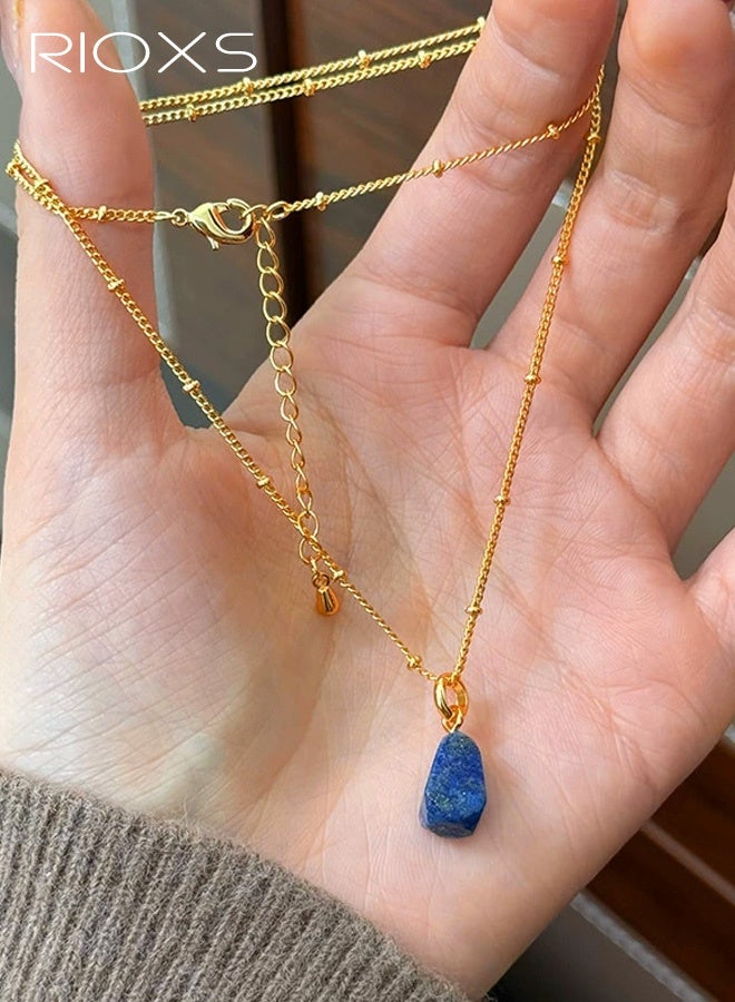 RIOXS Women's Lapis Lazuli Pendant Necklaces, Flash Gold Plated Brass Necklace Chocker for Ladies, 40+4 cm Adjustable Chain, Gemstone Jewelry Gift for Girlfriend, Sister, Mom, or Anyone You Love - Image 2