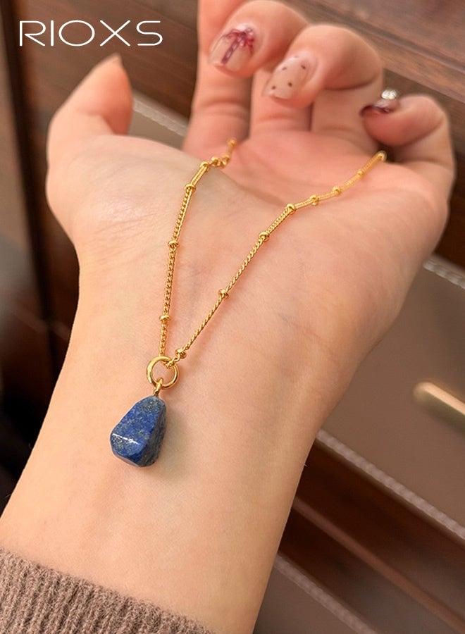 RIOXS Women's Lapis Lazuli Pendant Necklaces, Flash Gold Plated Brass Necklace Chocker for Ladies, 40+4 cm Adjustable Chain, Gemstone Jewelry Gift for Girlfriend, Sister, Mom, or Anyone You Love - Image 4