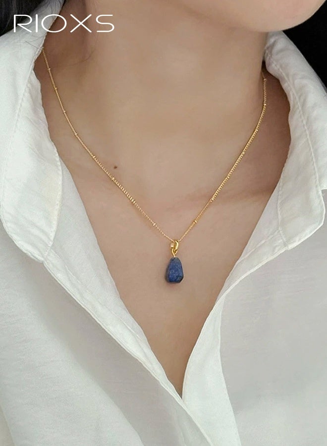 RIOXS Women's Lapis Lazuli Pendant Necklaces, Flash Gold Plated Brass Necklace Chocker for Ladies, 40+4 cm Adjustable Chain, Gemstone Jewelry Gift for Girlfriend, Sister, Mom, or Anyone You Love - Image 1