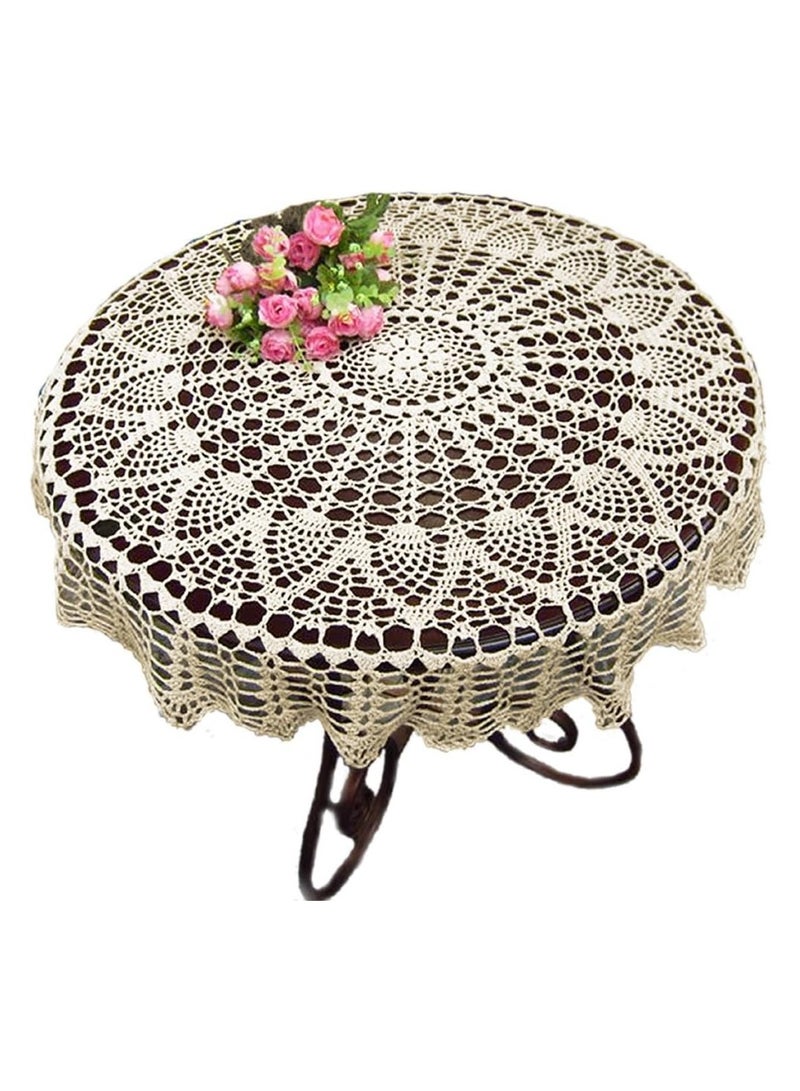 Cotton 32 inch Round Sunflower Beige Handmade Crochet Lace Tablecloth Doily, Table Sheet - Image 1