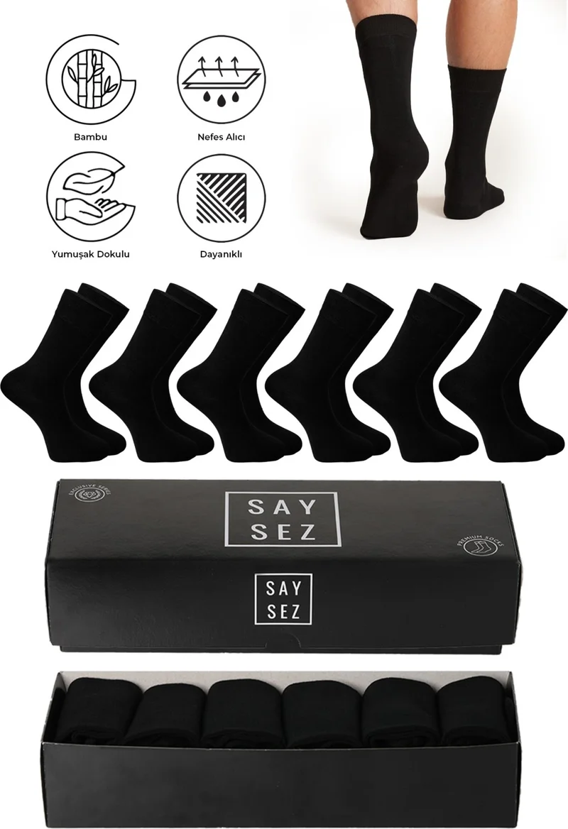 Saysez Bamboo Men's Socket Long Plain Black Socks Seamless Premium Boxed Pack of 6