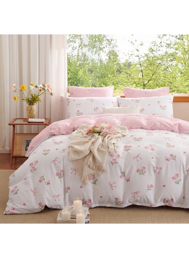 Bildenly Duvet Cover Full White - Pink Floral Comforter Cover Soft & Lightweight Bedding Set, Microfiber Pink Bow Quilt Cover with Zipper Closure and 2 Pillowcases (79" x 90", No Comforter) - Image 3
