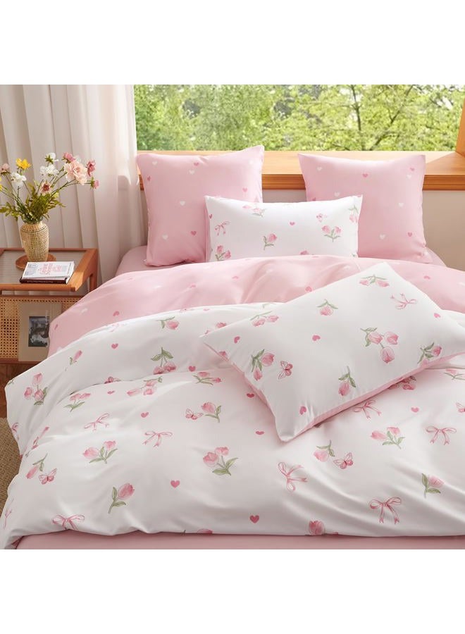 Bildenly Duvet Cover Full White - Pink Floral Comforter Cover Soft & Lightweight Bedding Set, Microfiber Pink Bow Quilt Cover with Zipper Closure and 2 Pillowcases (79" x 90", No Comforter) - Image 4