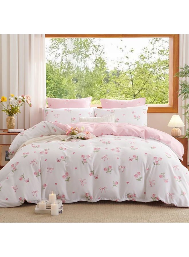 Bildenly Duvet Cover Full White - Pink Floral Comforter Cover Soft & Lightweight Bedding Set, Microfiber Pink Bow Quilt Cover with Zipper Closure and 2 Pillowcases (79" x 90", No Comforter) - Image 1