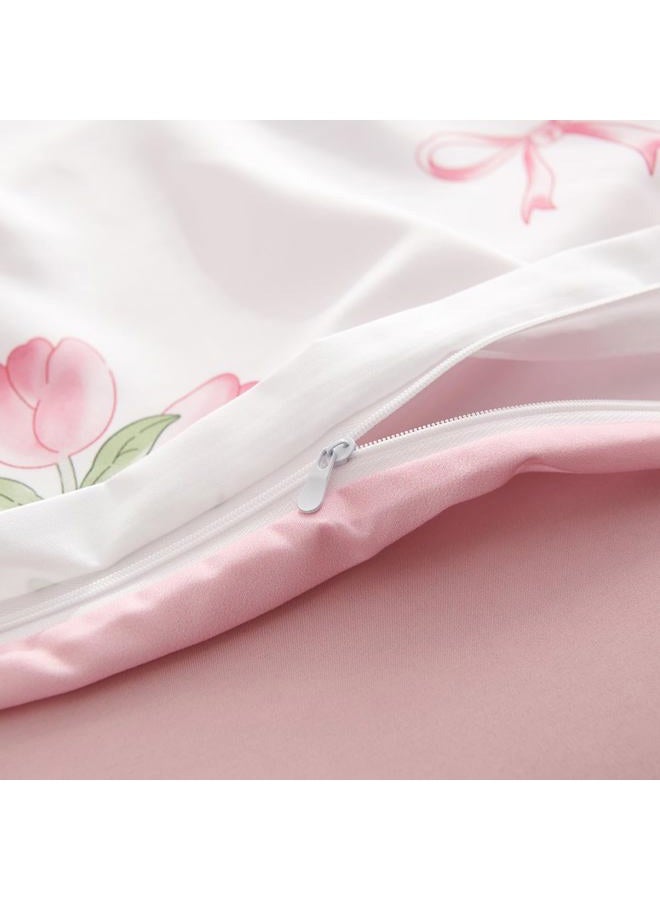 Bildenly Duvet Cover Full White - Pink Floral Comforter Cover Soft & Lightweight Bedding Set, Microfiber Pink Bow Quilt Cover with Zipper Closure and 2 Pillowcases (79" x 90", No Comforter) - Image 5