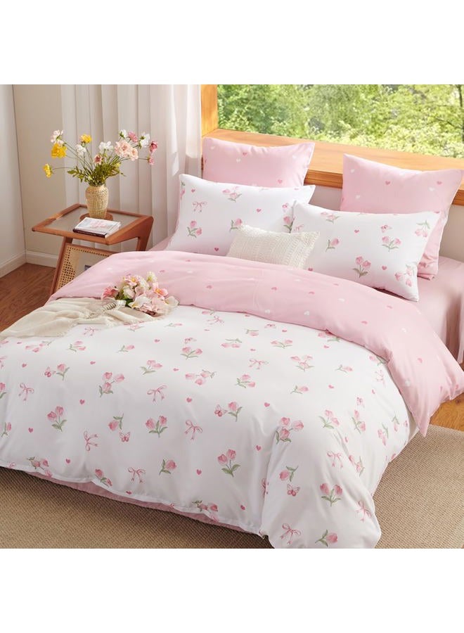 Bildenly Duvet Cover Full White - Pink Floral Comforter Cover Soft & Lightweight Bedding Set, Microfiber Pink Bow Quilt Cover with Zipper Closure and 2 Pillowcases (79" x 90", No Comforter) - Image 2