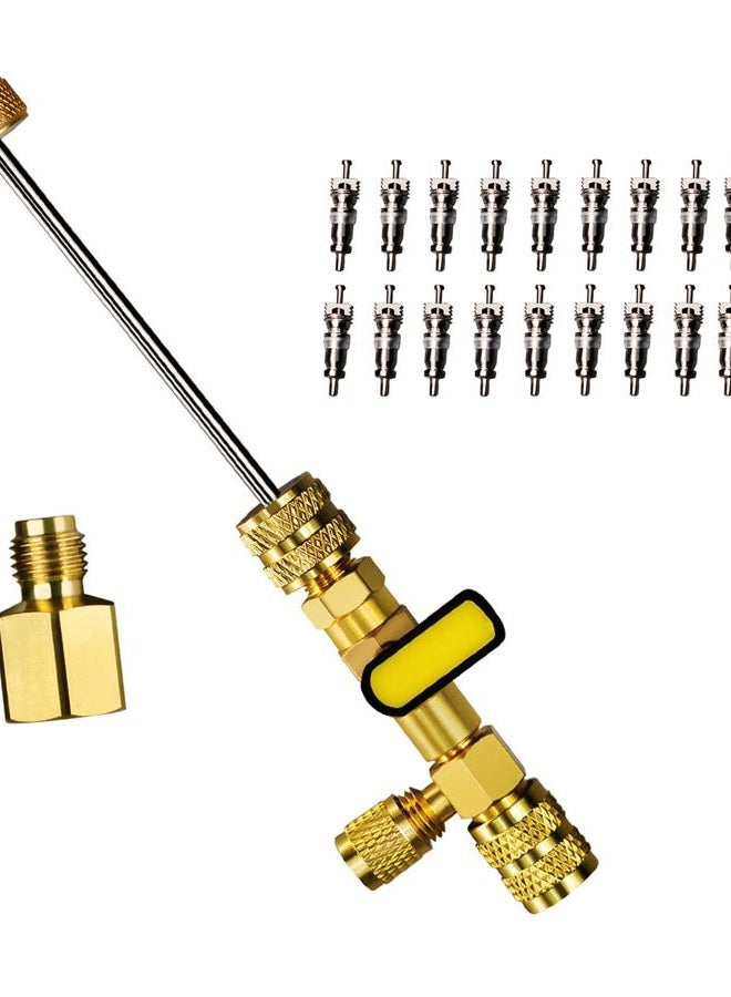 AutoWanderer Tool Valve Core Remover Installer Tool, AC Schrader Valve Removal Tool with Dual Size SAE 1/4 & 5/16 Port, R410 R32 Brass Adapter Air Conditioning Line Repair Tools for HVAC Refrigeration - Image 1