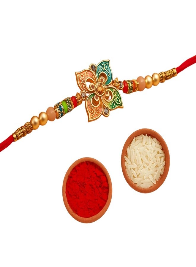 Sage Square Rakhi for Brother, Bhai with Roli Chawal | Raksha Bandhan | Designer Beads, Stones, Decorative Work | Stylish Handcrafted Rakhi Gifting for Sibling Festival Celebration (Type 4) - Image 1