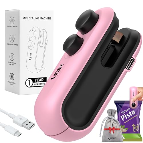 Seznik Portable Mini Sealing Machine, Handheld Packet Sealer for Food, Snacks, Chips, Fresh Storage, Plastic Bags Sealing Machine, 1 YEAR Warranty (Pink) - Image 1